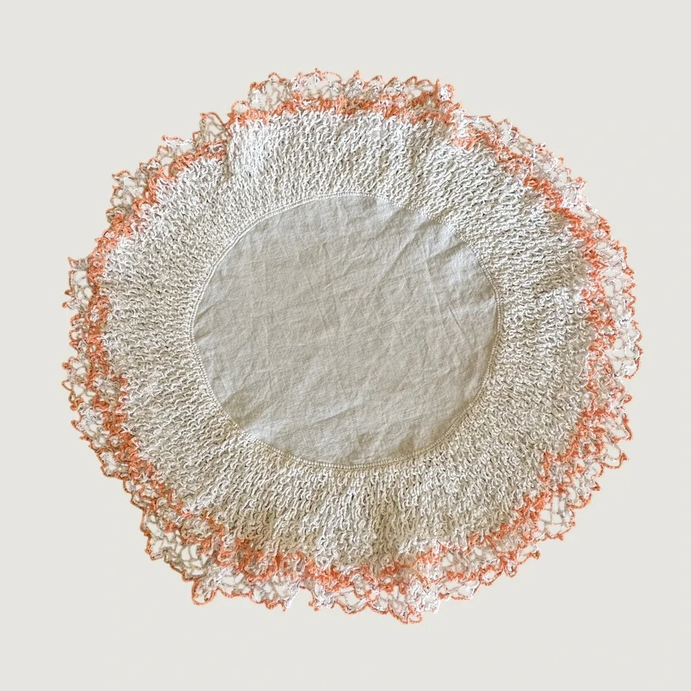 VNTG Cottagecore Shabby Chic Round Doily Peach White Crochet Layered Edge Trim